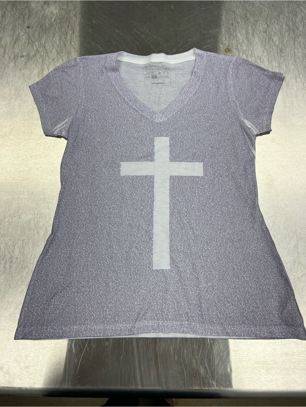 Women’s Lavendar Short Sleeve V-Neck Tee with Cross and Bible Verses Printed